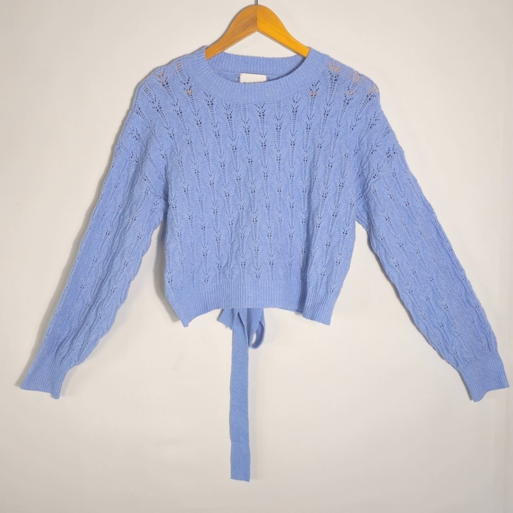 Pink Rose Cropped Sweater Womens Medium Blue Open Knit Floral Knotted Back